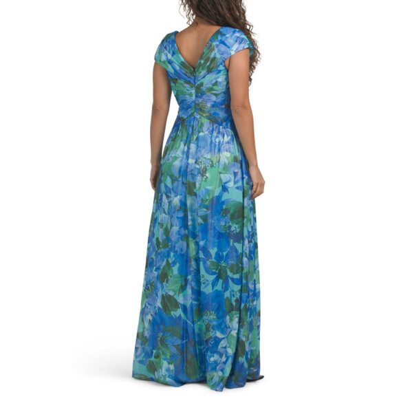 ADRIANNA PAPELL Green/Blue Multi Printed Chiffon Front Twist Gown - Picture 2 of 2